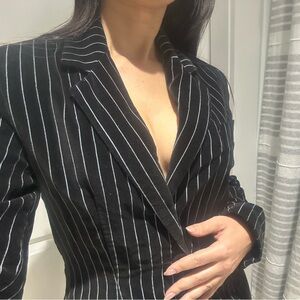 Newport News Black and White Velvet Striped Blazer